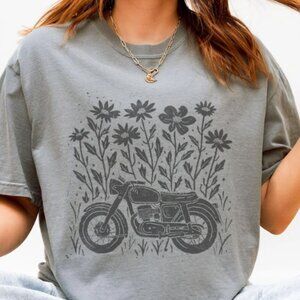 Motorcycle Meadow Graphic Tee Boho Road Trip Top Moto Bikercore Shirt Boho vibe